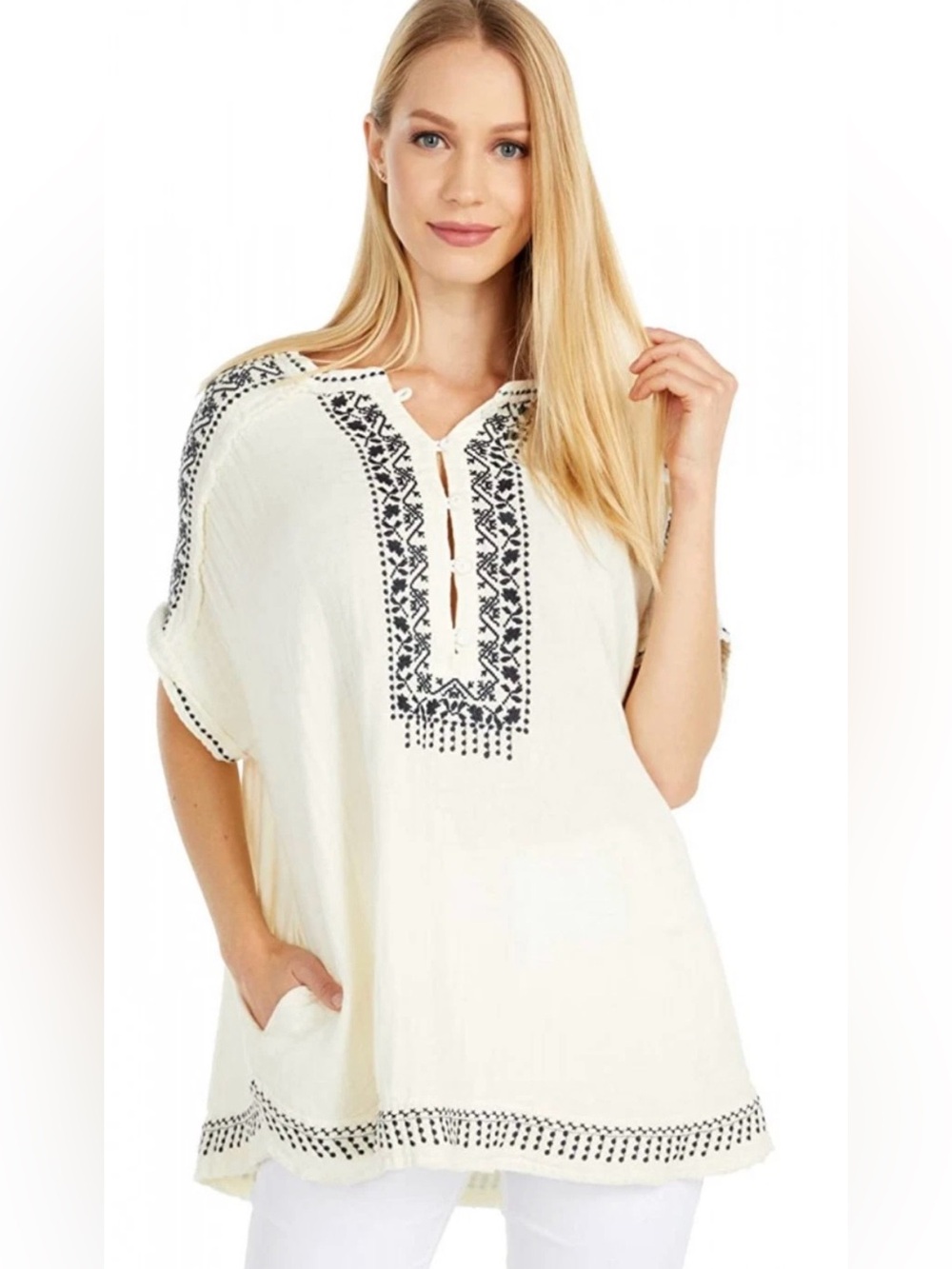 Johnny Was Gauzy Tunic 100% Cotton Off White Bohemian Resort Loungewear size XL